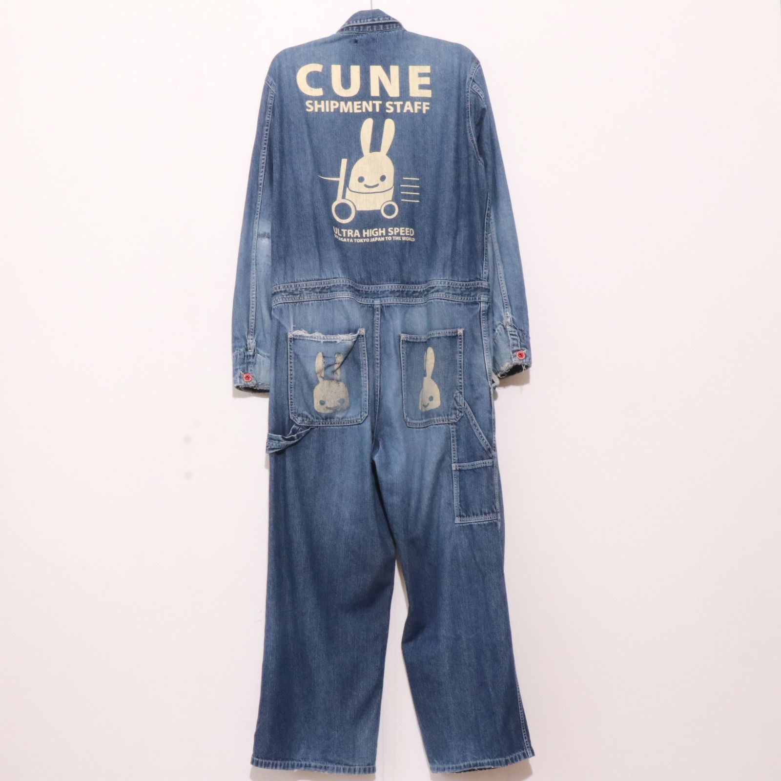 希少 CUNE オールインワン つなぎ　長袖　デニム　うさぎ　プリント　前ボタン 希少 CUNE オールインワン つなぎ 長袖 デニム うさぎ プリント 前