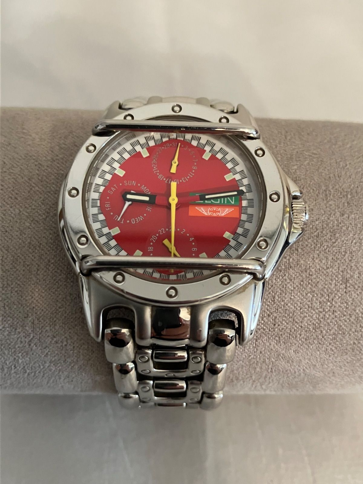 稼働★ELGIN エルジン クロノグラフ メンズ QZ腕時計 電池新品