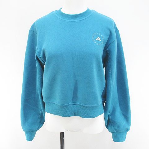 アディダス バイ ステラマッカートニー adidas by Stella McCartney 長袖 トレーナー スウェット ショート丈 S 水色 ターコイズブルー ロゴ 文字 プリント リブ