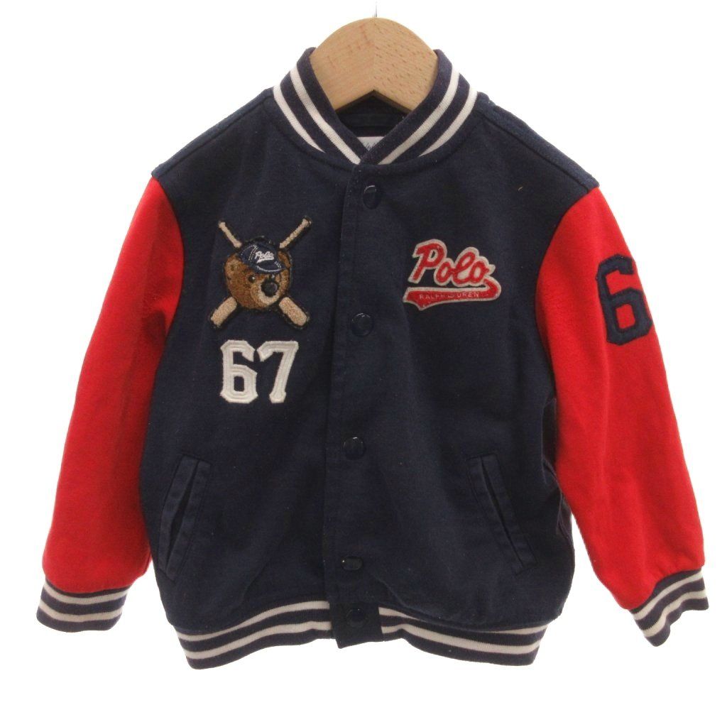 ラルフローレン RALPH LAUREN スタジャン ブルゾン 24M ポロベア ロゴ刺繍 切り替えデザイン ボタンアップ 紺 ネイビー 赤 レッド /YF ■GY05