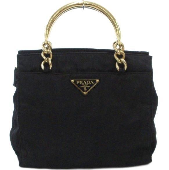 プラダ PRADA ハンドバッグ ロゴ 三角プレート メタルハンドル チェーン ナイロン バイカラー 黒 ブラック ゴールドカラー /BB ■GY18 ■OH ▲H