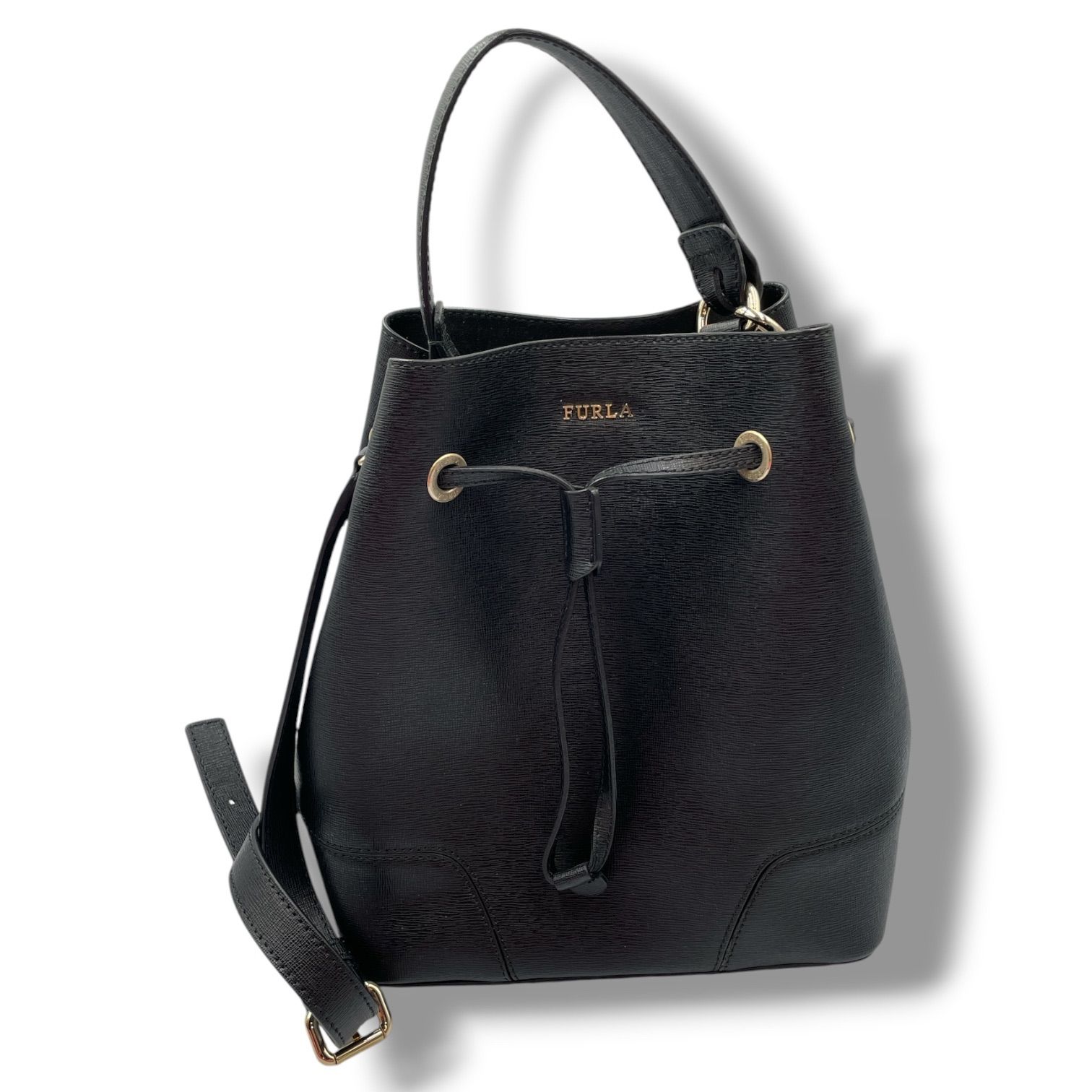 【未使用】FURLA ショルダーバッグ 巾着 2way オールレザー 黒 FURLA フルラ 2way ショルダーバッグ ハンドルバッグ 巾着 レザー