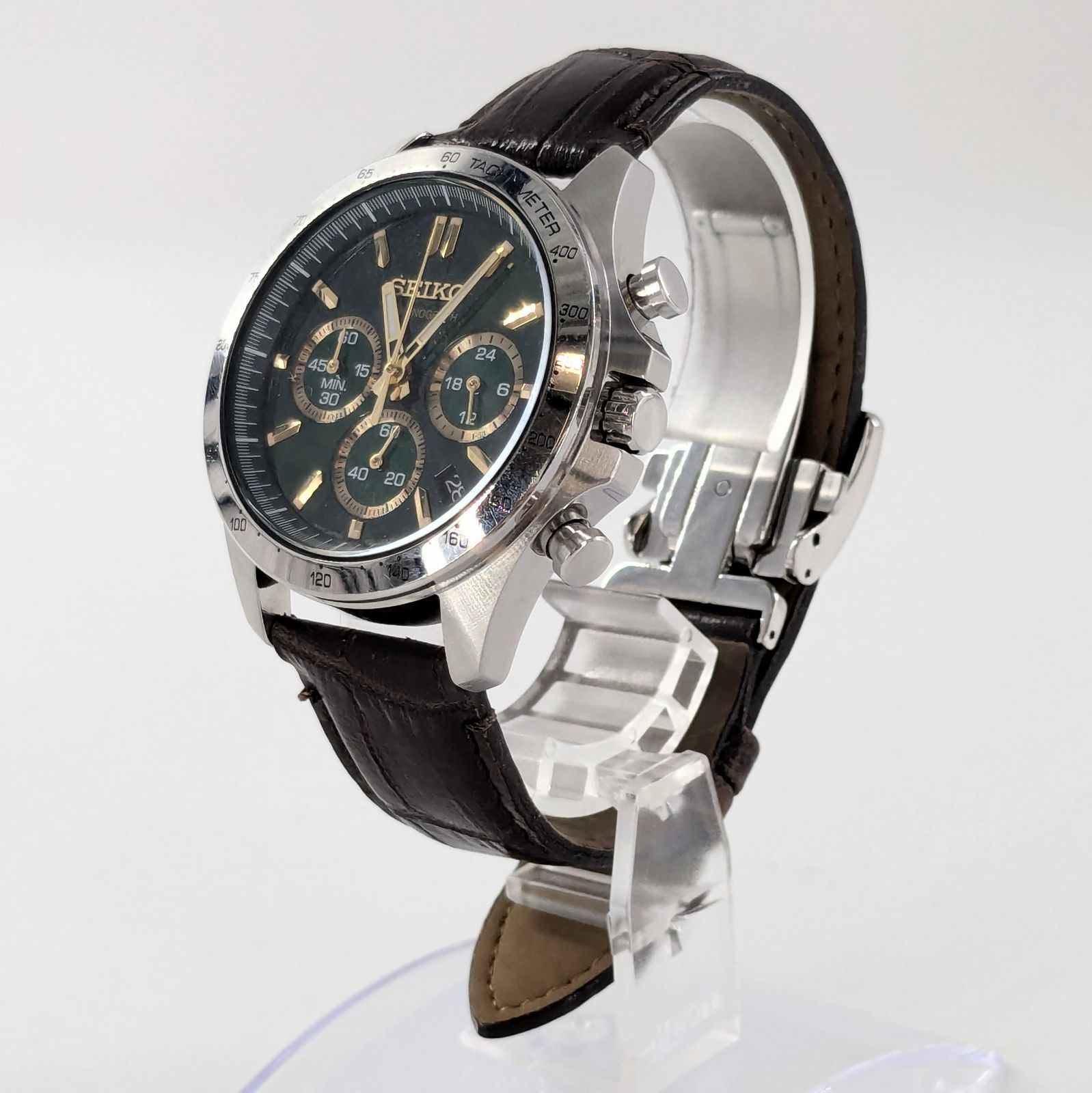 SEIKO セイコー 8T63-00D0 デイト クロノグラフ QZ/SS/レザー グリーン 