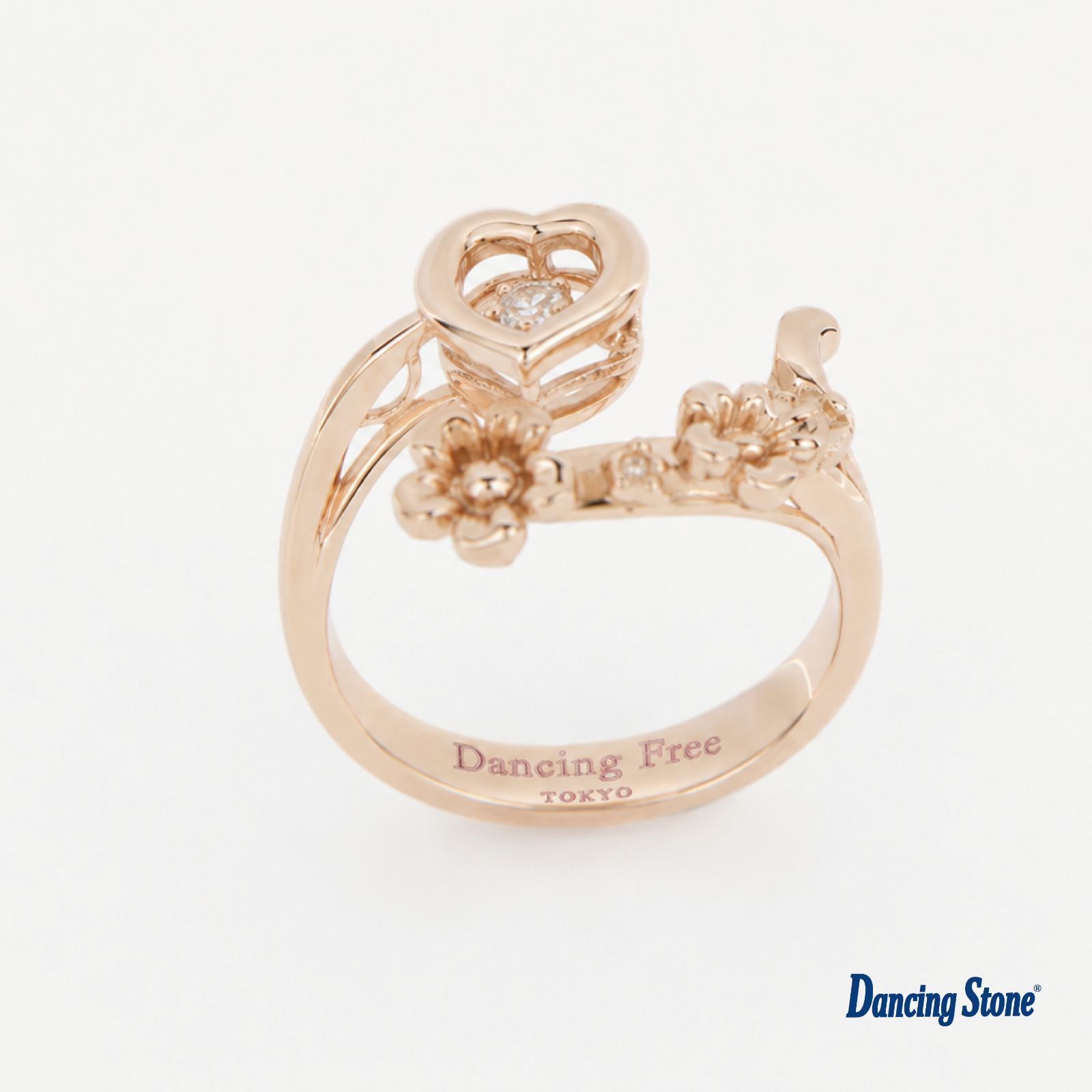 【ピンクゴールド】Dancing Free Heart & Flower オープンデザイン フリーサイズ リング 指輪 踊るストーン ハート 花モチーフ 金属アレルギーに配慮 ギフト