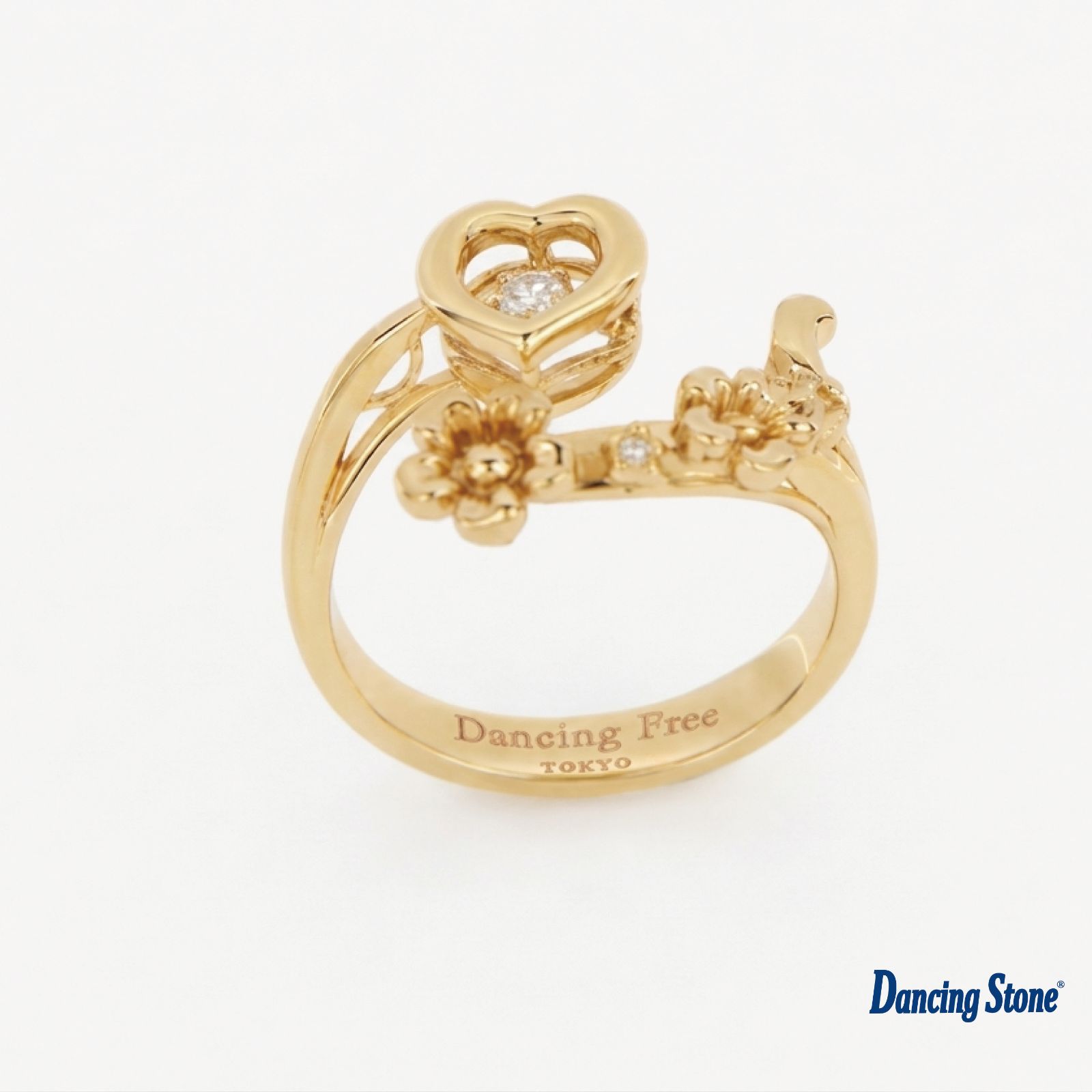 【イエローゴールド】Dancing Free Heart & Flower オープンデザイン フリーサイズ リング 指輪 踊るストーン ハート 花モチーフ 金属アレルギーに配慮 ギフト
