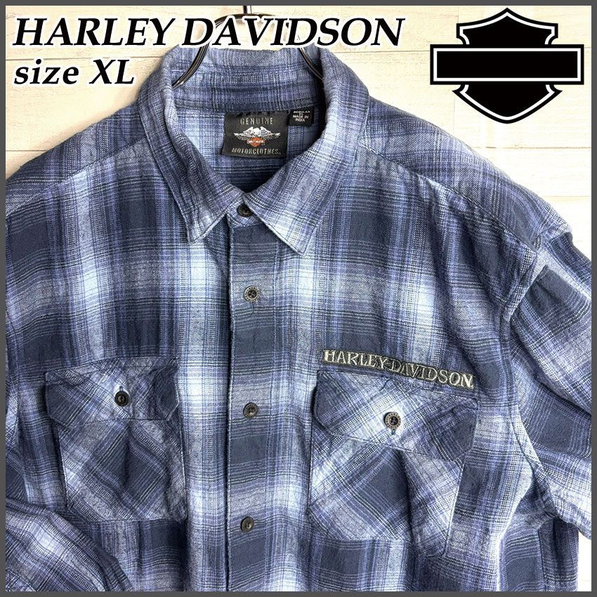 古着 ハーレーダビッドソン HARLEY DAVIDSON 長袖シャツ チェック柄 オンブレ バイク ワンポイントロゴ刺繍 スカル刺繍 XL ブルー系 メンズ