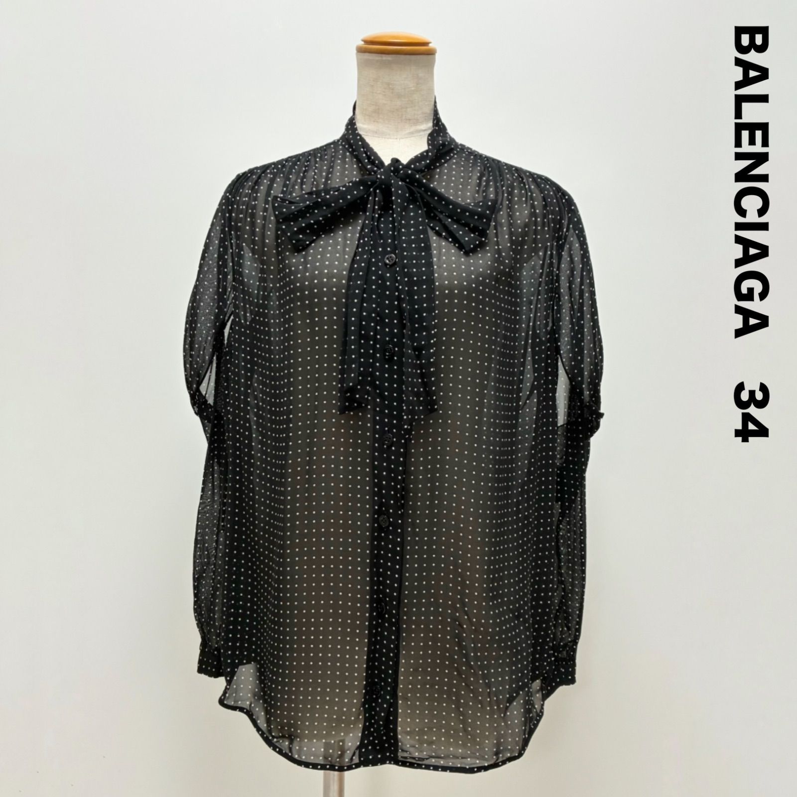 BALENCIAGA バレンシアガ☆水玉ドットケープブラウス 棒ボウタイ リボン 34 ブラック