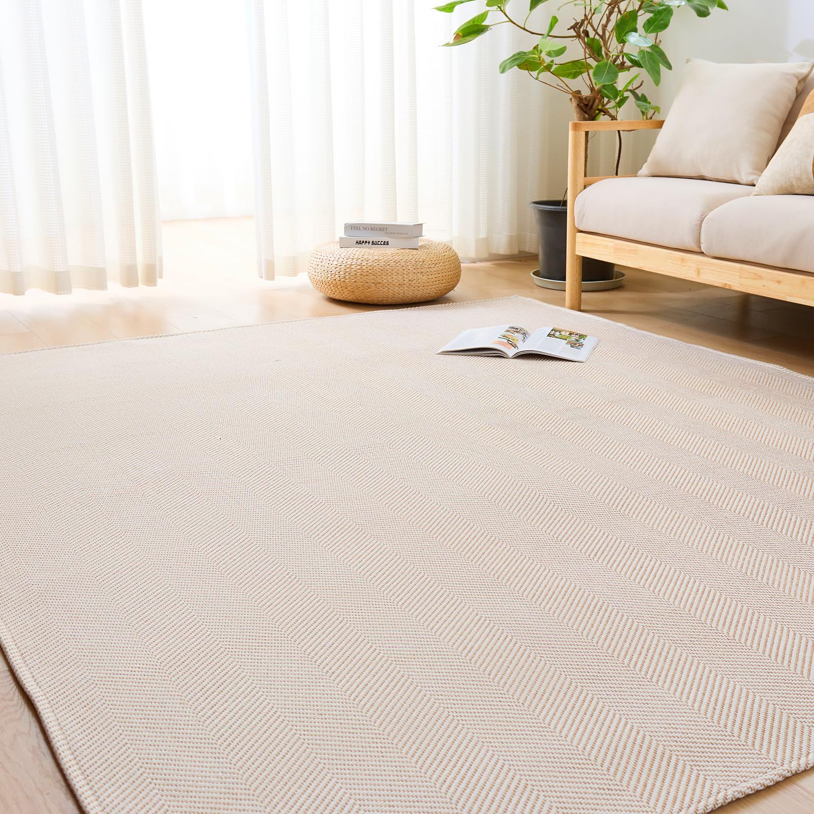 Softime カーペット ラグ ヘリンボーン柄 185×235cm（約3畳）ラグマット 滑り止め オールシーズン 洗える じゅうたん 床保護 防音 おしゃれ 北欧 リビング 幾何柄 ベージュｍａ