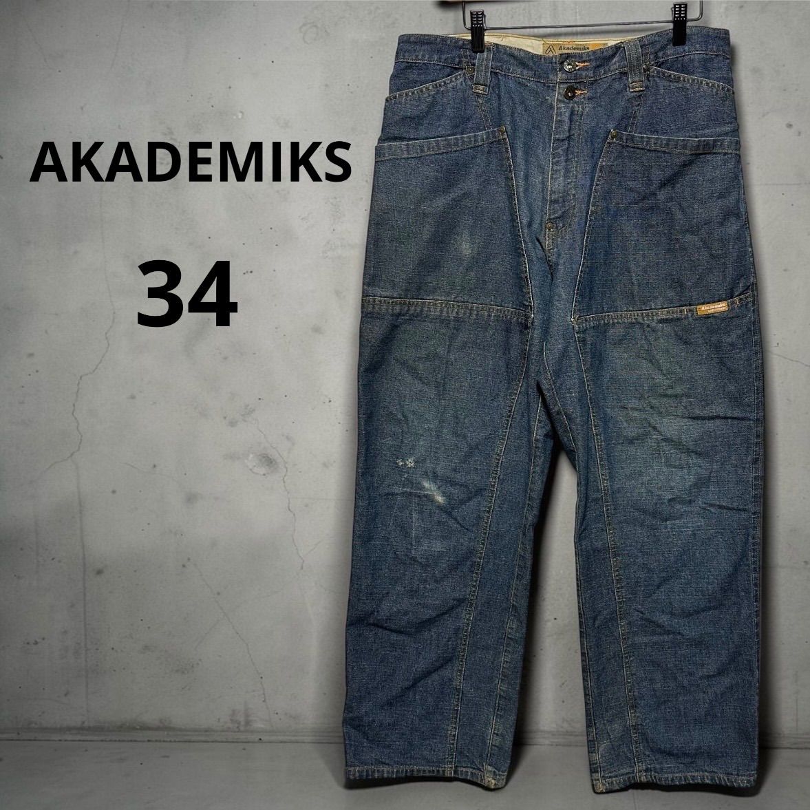 00s Akademiks アカデミクス W34 極太 バギーデニム ペインターパンツ ワイドデニム B系 HIPHOP Y2K オーバーサイズ インディゴ ジーンズ ダメージ 古着 ストリート 刻印ボタン ロゴジップ メンズ