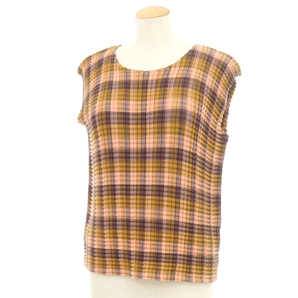 【中古】ミー イッセイミヤケ me ISSEY MIYAKE 2024年秋冬 MESH CHECK PLEATS SHIRT ノースリーブ ノースリーブカットソー ピンクベージュxカーキ【サイズ表記なし（M位）】【レディース】