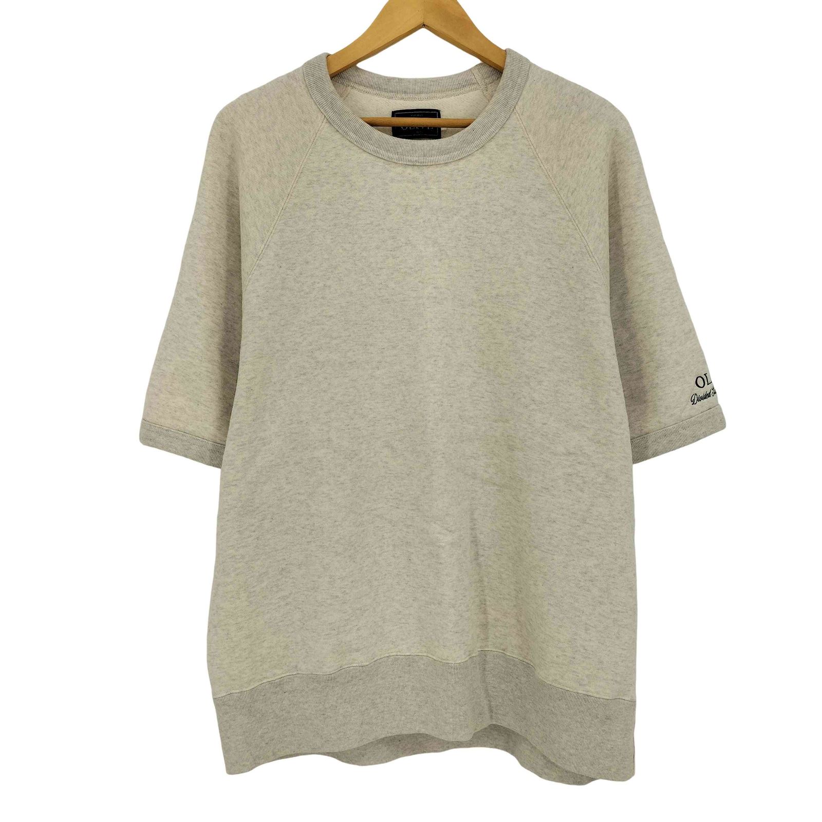 ユーズドフルギ USED古着 {{DIVIDED STATES OF OLIVE}} 袖刺繍 裏起毛 スウェットTシャツ 半袖トレーナー メンズ JPN：L