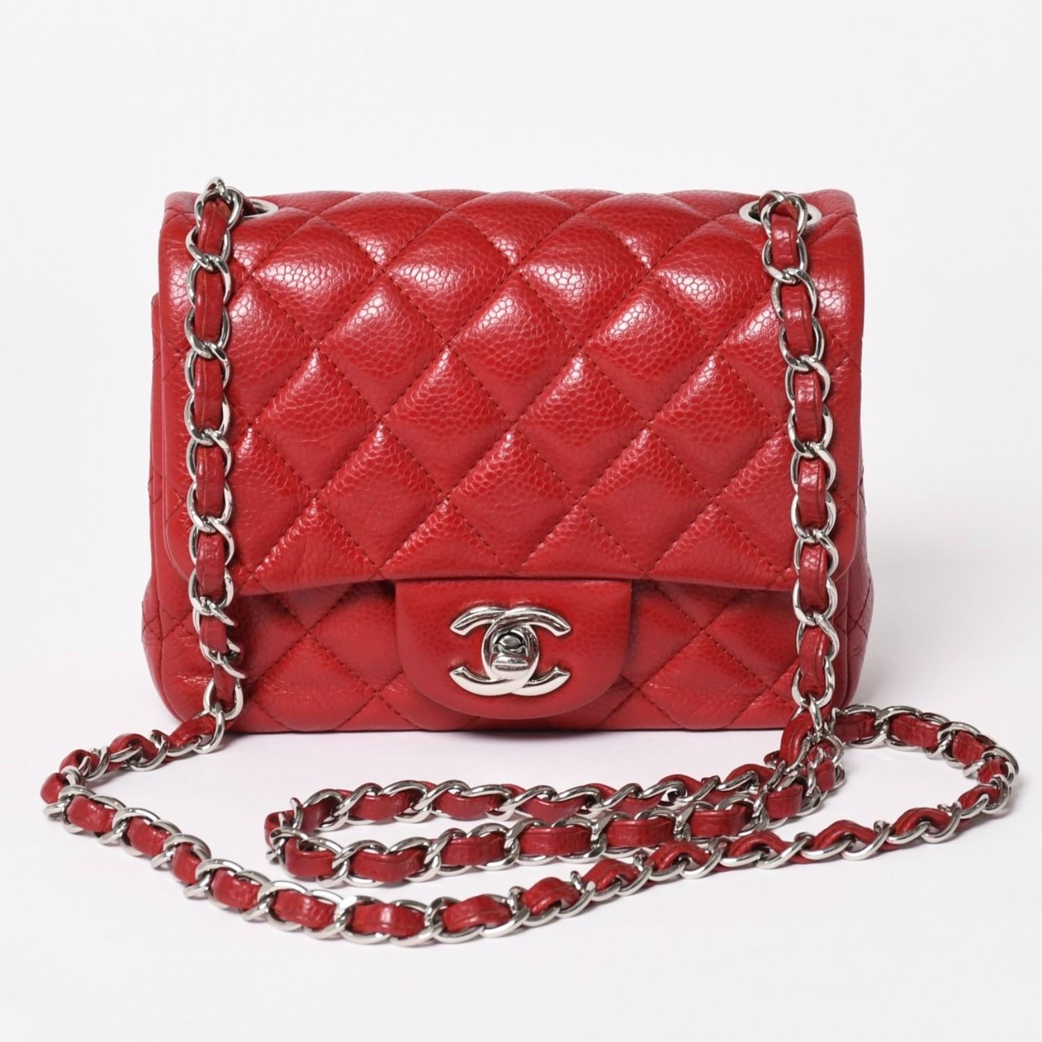 極美品 CHANEL シャネル ミニマトラッセ16 チェーンショルダーバッグ 16番台 キャビアスキン レッド シルバー金具 中古 4a004588
