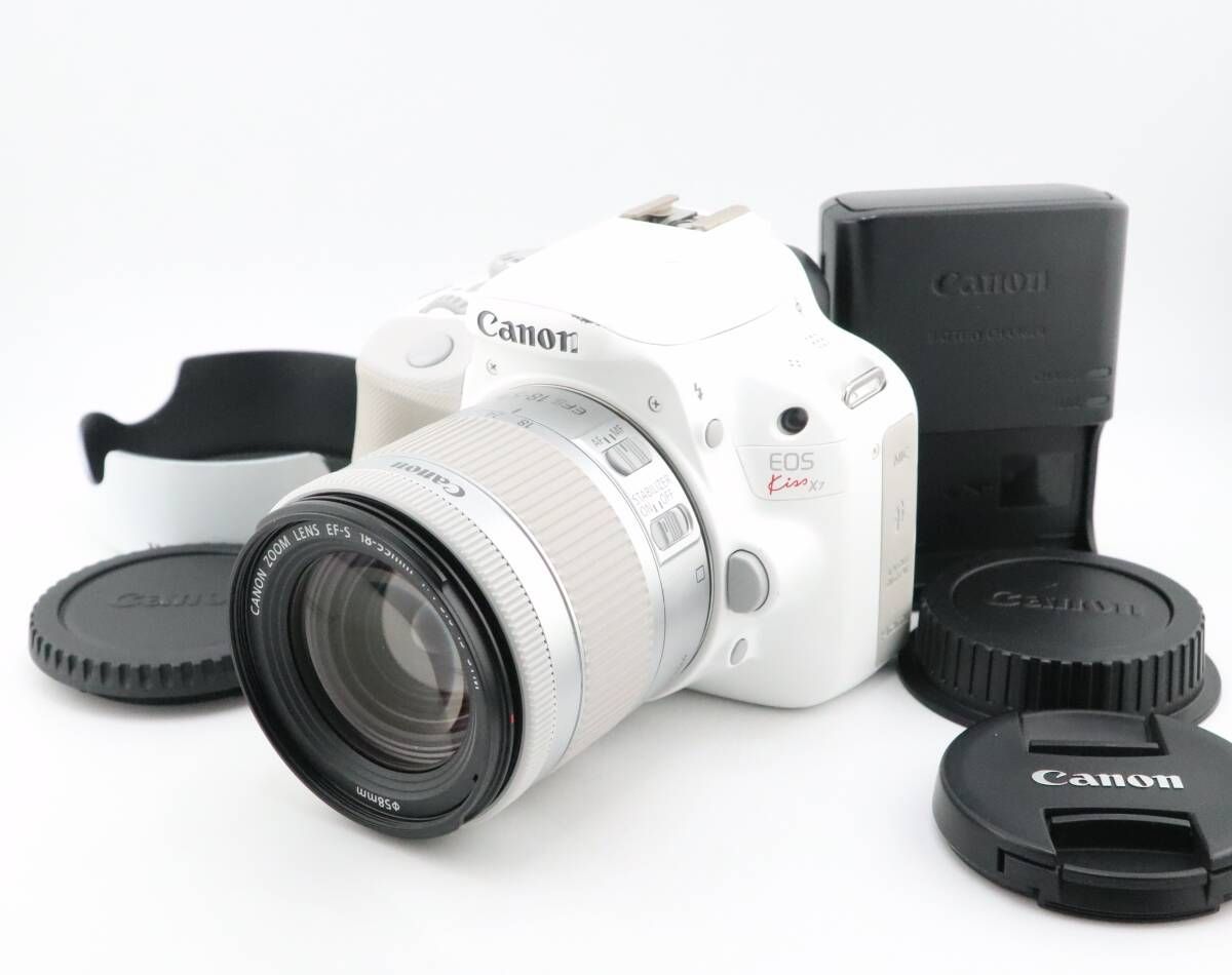 ★良品★ショット数19,653回★キヤノン CANON EOS Kiss X7 + EF-S 18-55mm F4-5.6 IS STM ホワイト 充電器付★　W0623＃5261
