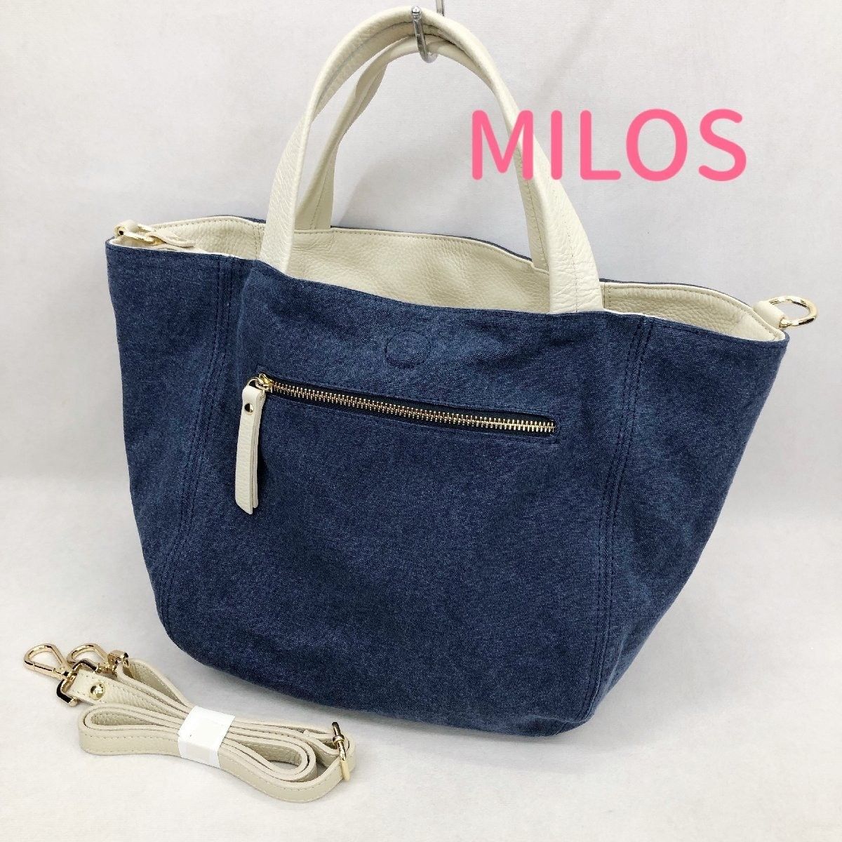 美品 MILOS ミロス キャンバス レザー リバーシブル 2Way トートバッグ ショルダーバッグ ブルー アイボリー ITALY 219