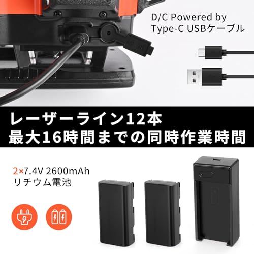 R◆DOVOH グリーンレーザー墨出し器 4x360° 16ライン レーザー墨出し器 レベル 自動補正 高輝度 2本垂直ラインと2本水平 バッテリー2個付きType-C充電可能 受光器対応 K4-360G d262a1a4
