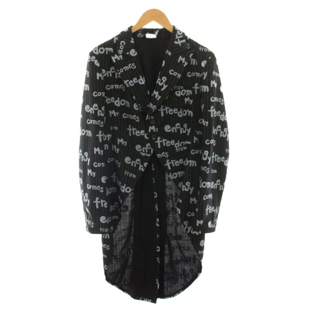 コムデギャルソンブラック COMME des GARCONS BLACK AD2019 テーラードジャケット シングル ロング 変形 燕尾服 ストライプ柄 ロゴプリント M 黒 ブラック グレー 1D-J036 /YT