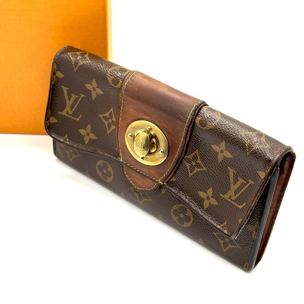 【時を重ねた艶を纏う】　LOUIS VUITTON　長財布 モノグラム ポルトフォイユ ボエシ ターンロック ヌメ革 ゴールド金具 16カード　ブラウン｜長財布
