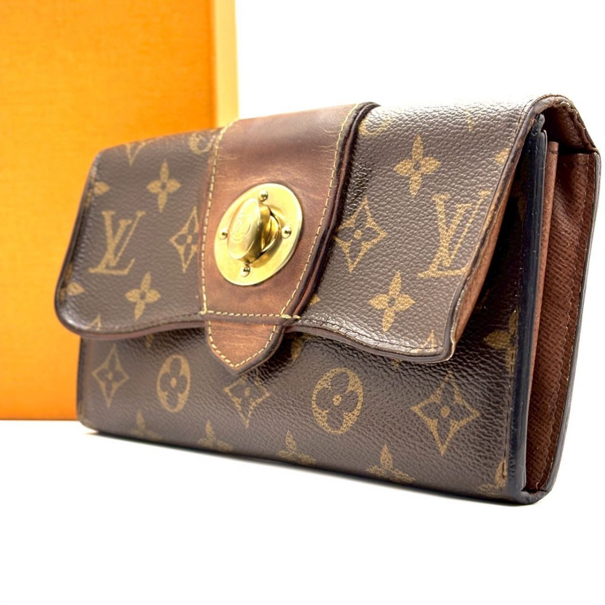 【時を重ねた艶を纏う】　LOUIS VUITTON　長財布 モノグラム ポルトフォイユ ボエシ ターンロック ヌメ革 ゴールド金具 16カード　ブラウン｜詳細画像