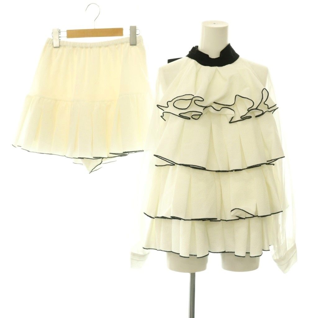 スナイデル SNIDEL 25AW ティアードラッフルミニドレス セット ブラウス ショートパンツ シアー ベロアリボン 0 アイボリー 黒 /CX ■OS ■SH