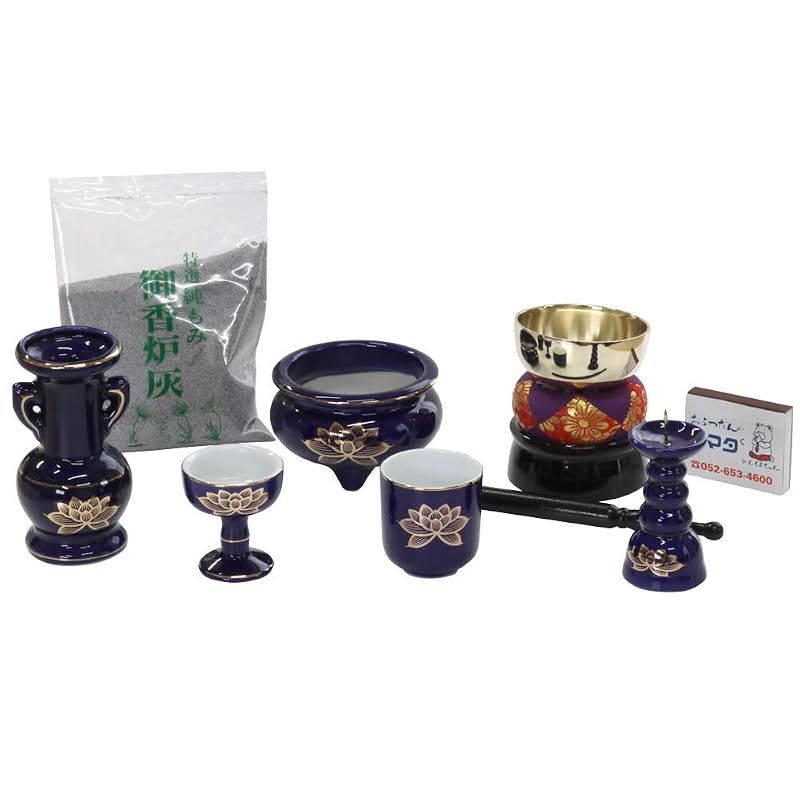 【新品】 仏具セット 瑠璃色 金蓮 ルリ 陶器 5点+おりんセット 香炉灰・マッチ付 モダンミニ仏壇用 1