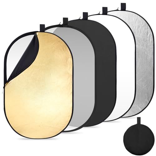 【新品】K&F CONCEPT レフ板 撮影用 100x150cm 反射板 撮影用リフレクター 楕円型 折り畳み式 コンパクト 1枚5役 半透明 黒 白 金 銀 補光/吸光 ポートレート撮影/ブツ撮影用 収納ポーチ付き 8399bc63