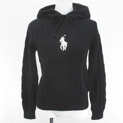 ポロ ラルフローレン POLO RALPH LAUREN 長袖 ニット セーター パーカー カシミヤ混 XS 黒系 ブラック ロゴ ビーズ ケーブル編み リブ 毛 ウール 12,337円