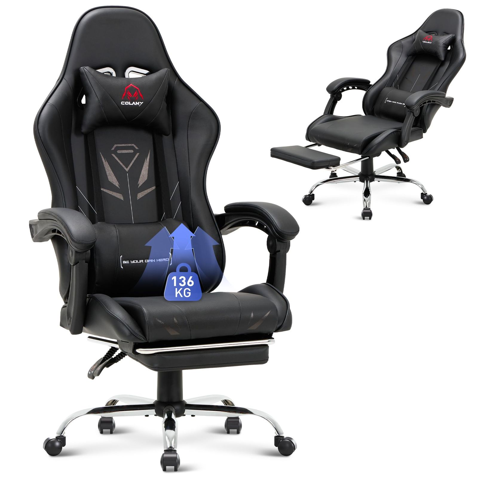ゲーミングチェア オフィスチェア 在宅ワーク リクライニング135度 フットレスト付き ヘッドレスト/ランバーサポート 高さ調節 人間工学 デスクチェア（黒）ｍａ