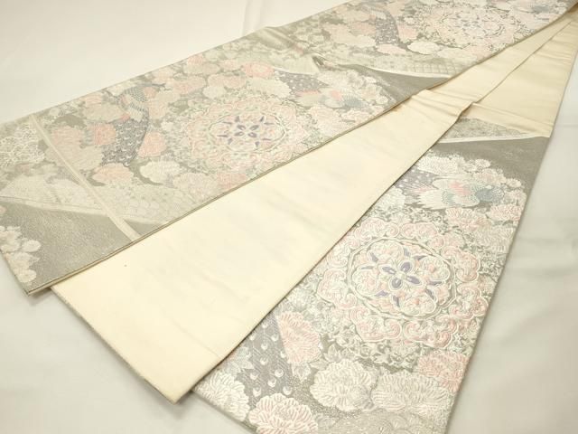平和屋着物◎六通柄袋帯 唐織 孔雀花文 九百錦プラチナ箔 正絹 逸品
