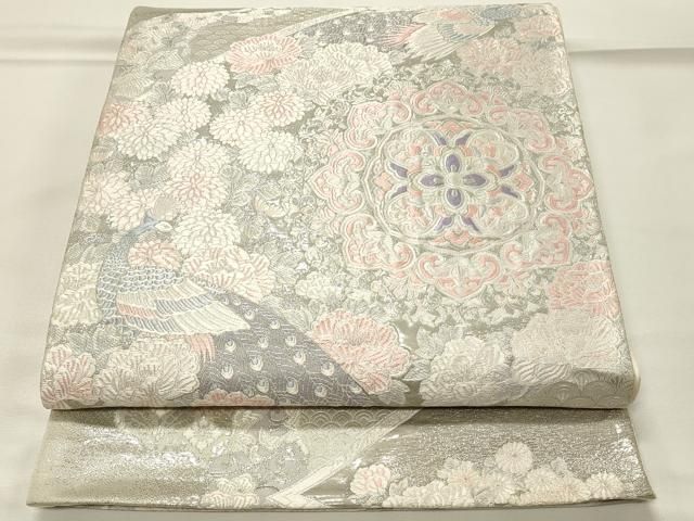平和屋着物◎六通柄袋帯 唐織 孔雀花文 九百錦プラチナ箔 正絹 逸品