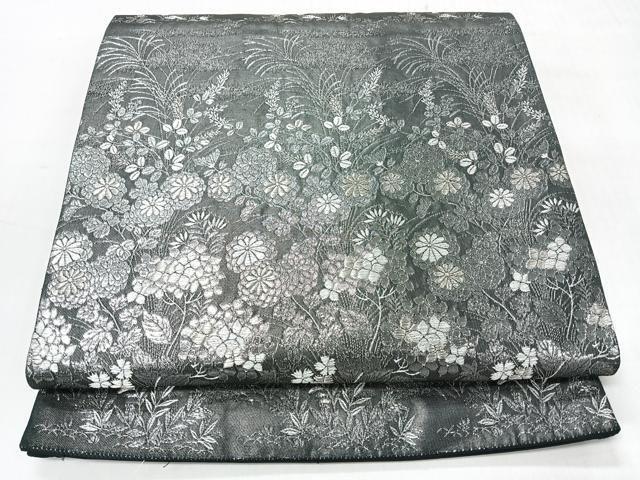 平和屋着物◎六通柄袋帯 草花文 黒地 銀糸 正絹 逸品 CABI4423nb