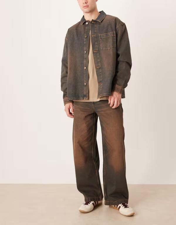 エイソス メンズ ボトムス デニムパンツ ジーンズ ASOS DESIGN barrel fit jeans wash Brown wash ブラウン