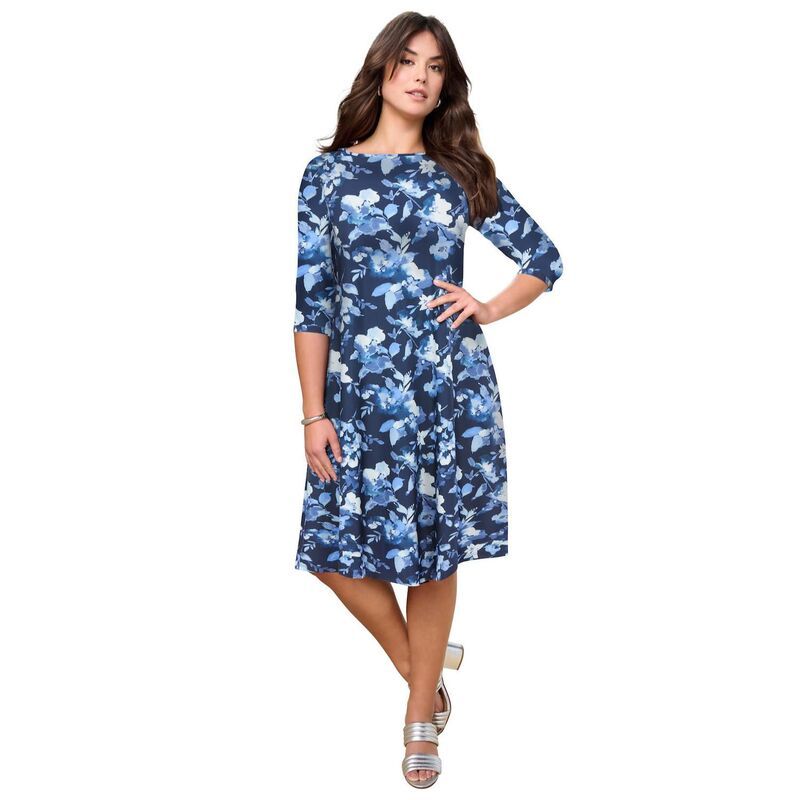 ロアマンズ レディース トップス ワンピース プラスサイズ Roamans Womens Plusize 34 Sleeve Boatneck Swing Dress Navy Watercolor