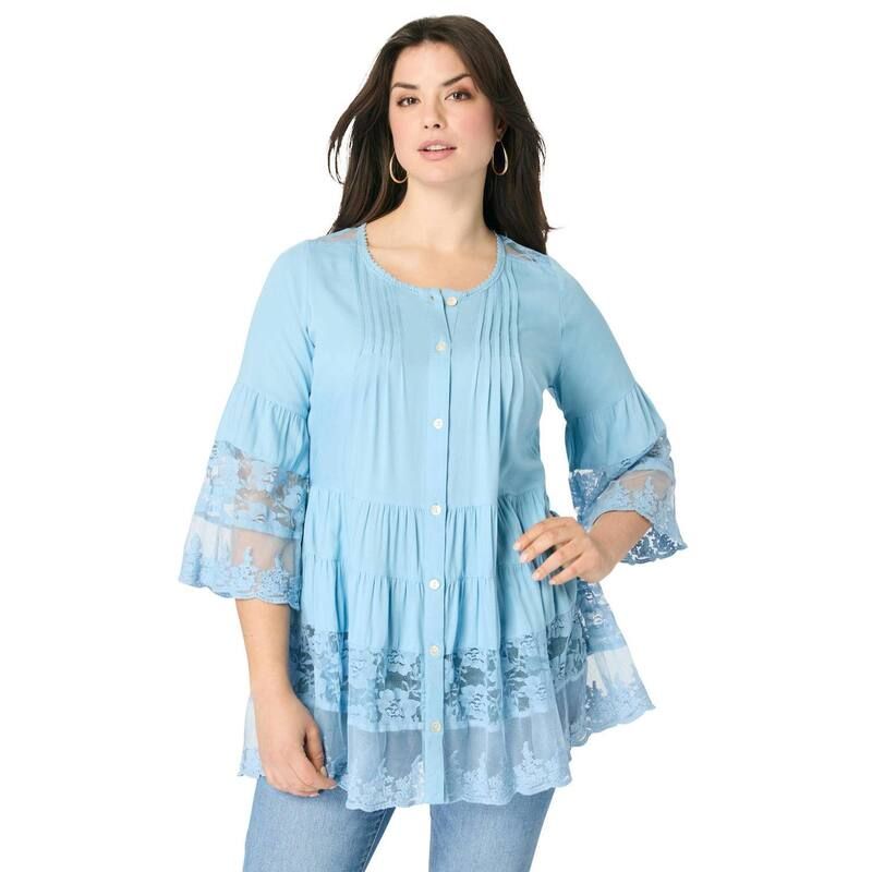 ロアマンズ レディース トップス Tシャツ プラスサイズ ブラウス レース Roamans Womens Plusize Lace Illusion Blouse Soft Sky