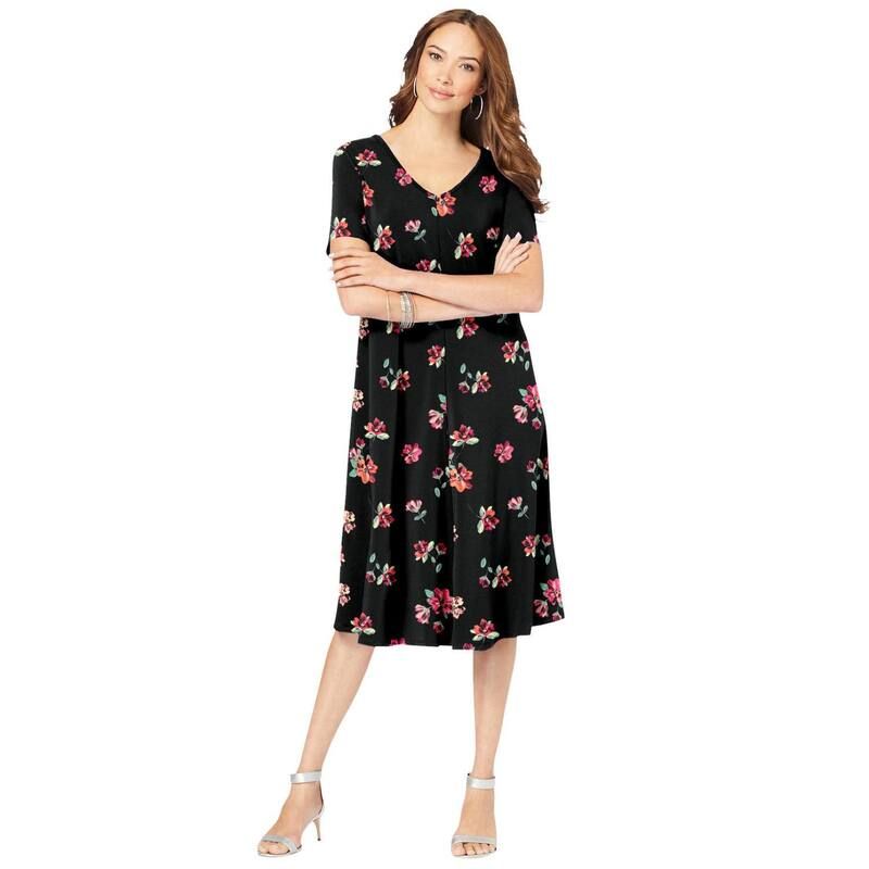 ロアマンズ レディース トップス ワンピース プラスサイズ Roamans Womens Plusize Short Sleeve Swing Dress Black Brushed Flowers