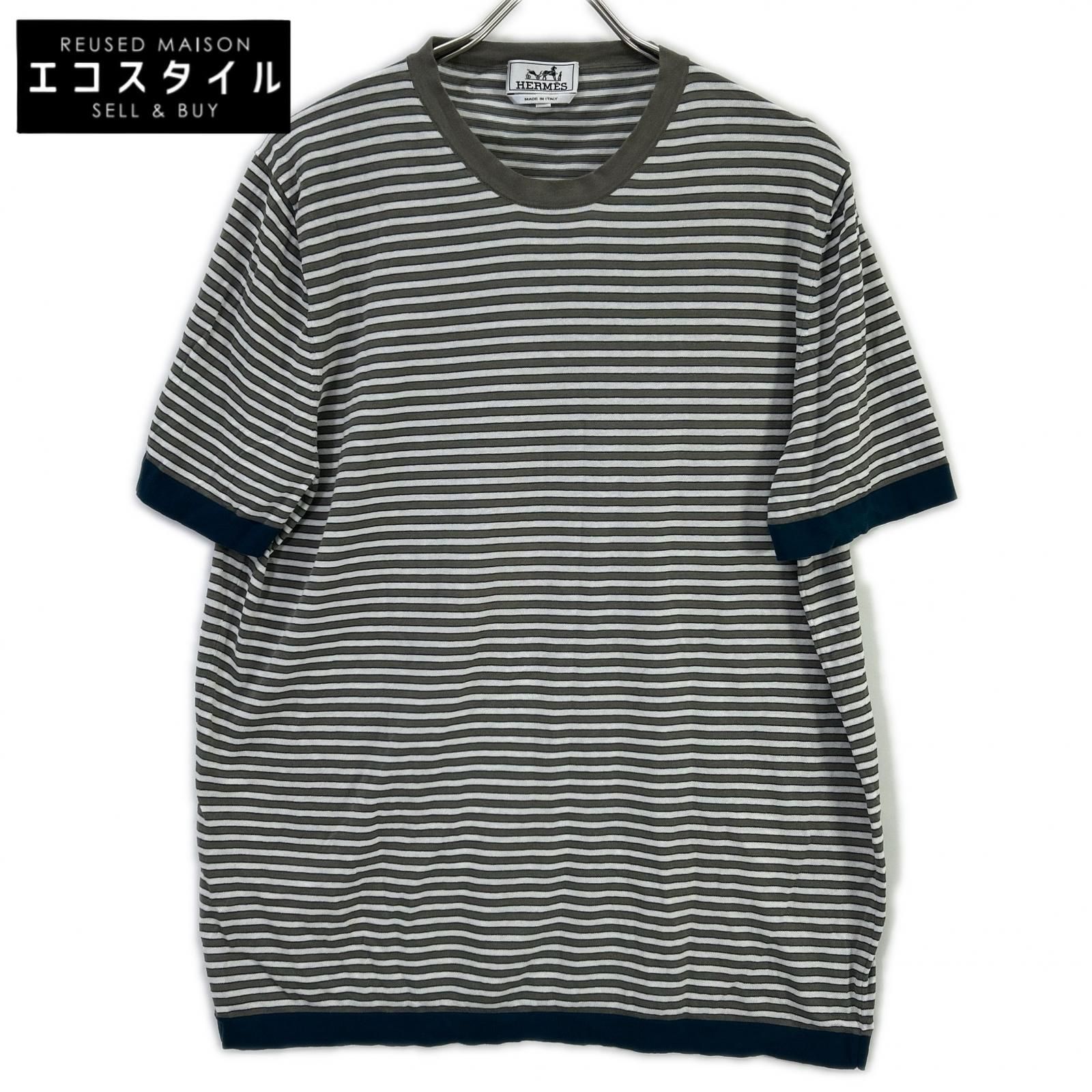 HERMES　エルメス　17SS ホワイト×グレー ボーダーコットン半袖ニット　XL