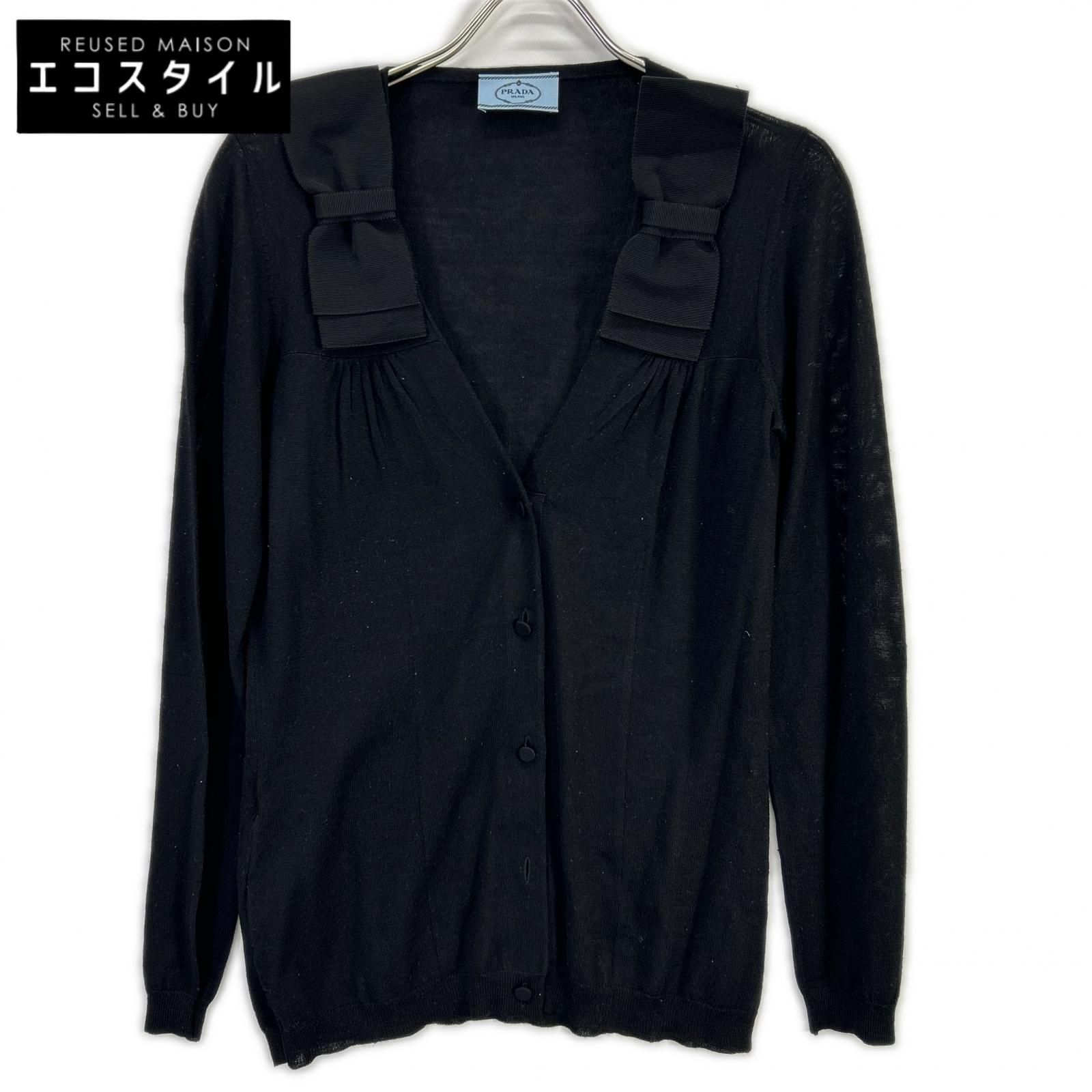 PRADA　プラダ　P25D83 ブラック ウールシルクニット リボン ロングスリーブカーディガン　42 17,634円