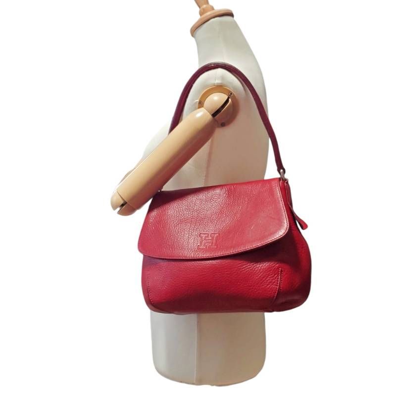 【美品】ハイクラス ショルダーバッグ レザー Hロゴ パンチング レッド HIROFU ヒロフ ペルーシェ ショルダーバッグ Hロゴ ワンショルダー