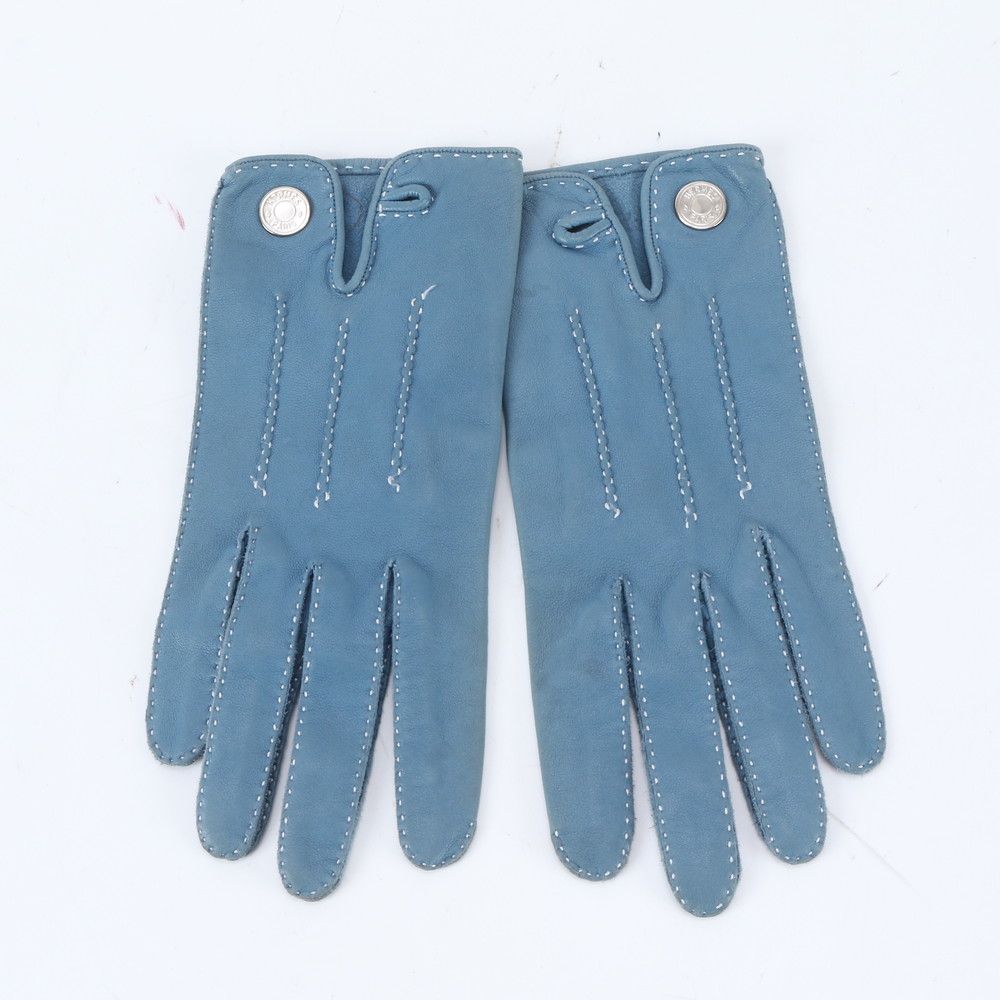 美品 エルメス セリエ ラムスキン レザー グローブ 6 1/2 ブルー 手袋