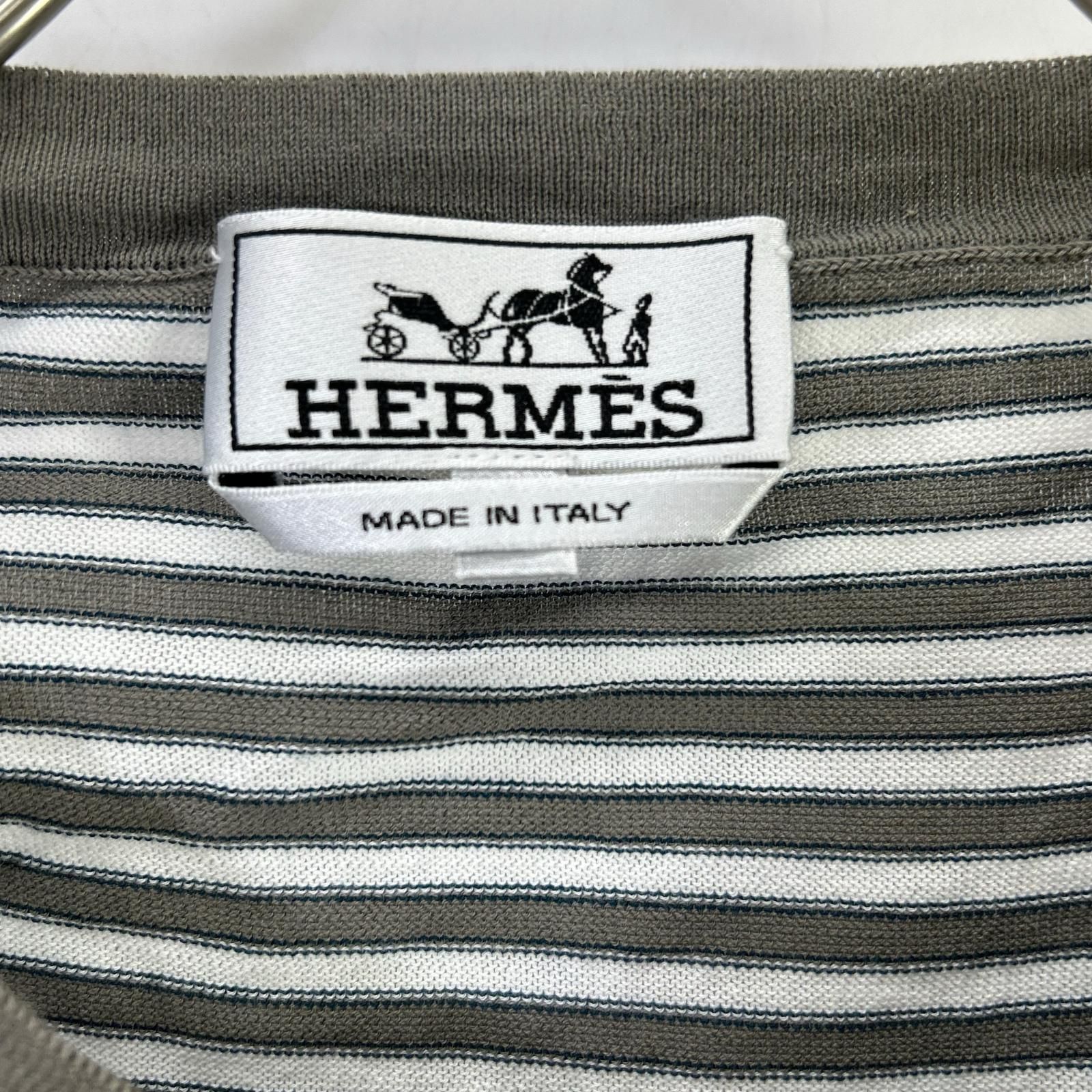 HERMES エルメス 17SS ホワイト×グレー ボーダーコットン半袖ニット XL 
