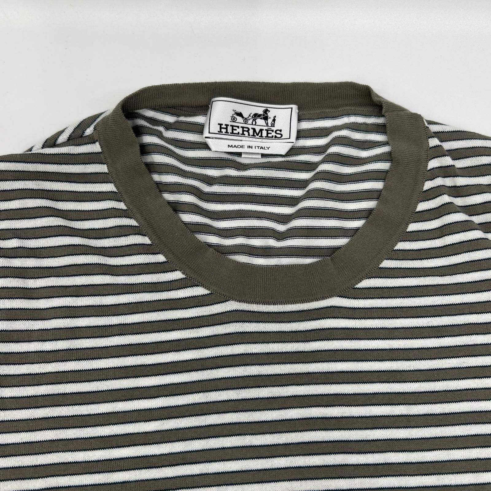 HERMES エルメス 17SS ホワイト×グレー ボーダーコットン半袖ニット XL 