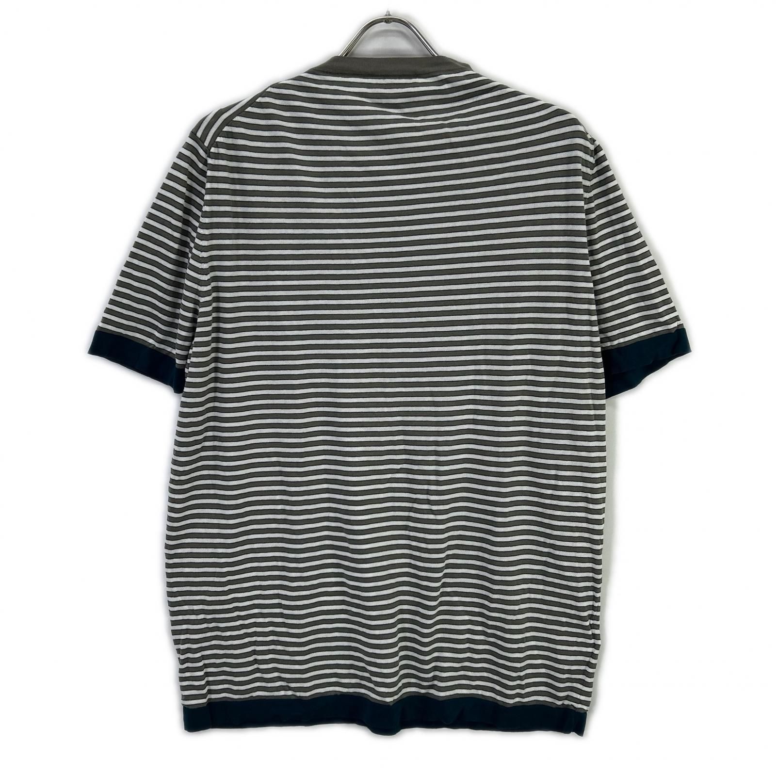 HERMES エルメス 17SS ホワイト×グレー ボーダーコットン半袖ニット XL 
