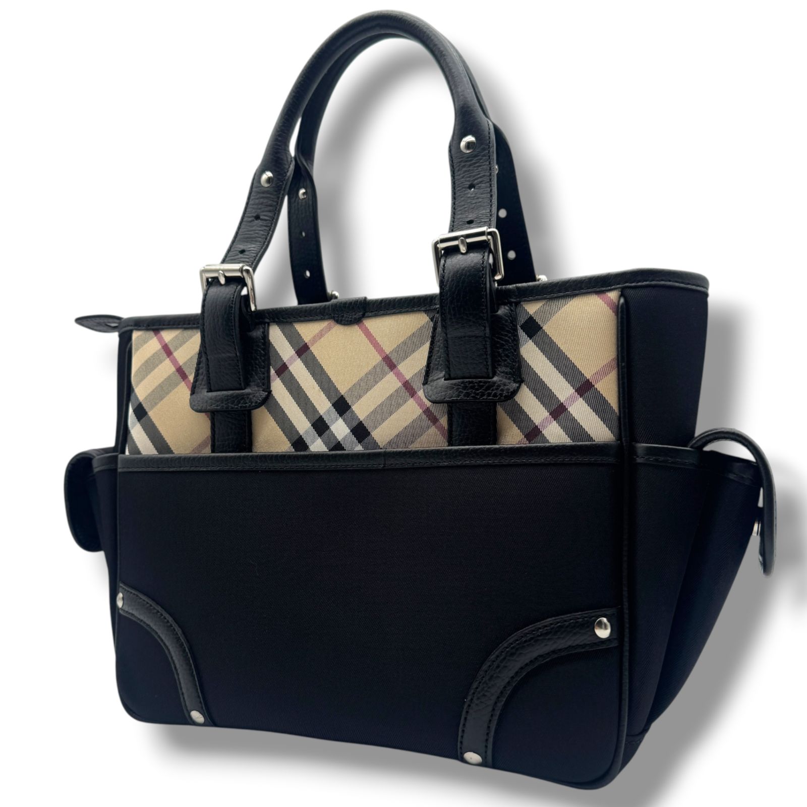 極美品 BURBERRY バーバリー ノバチェック ナイロン×レザー トートバッグ ハンドバッグ 黒 ブラック