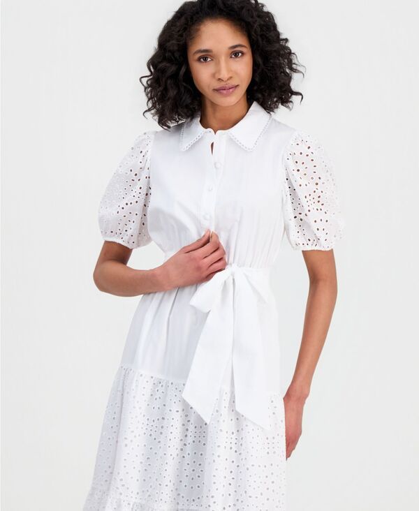 アンクライン レディース トップス シャツ パフスリーブ ミディ Anne Klein Womens PuffSleeve Midi Eyelet Shirtdress Crisp White ホワイ