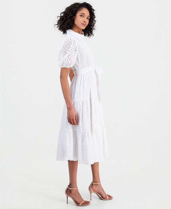 アンクライン レディース トップス シャツ パフスリーブ ミディ Anne Klein Womens PuffSleeve Midi Eyelet Shirtdress Crisp White ホワイ