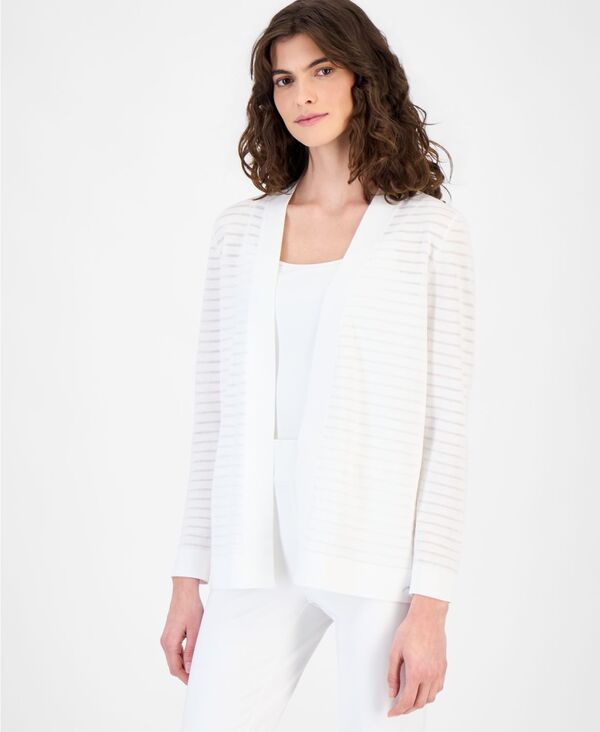 アンクライン レディース アウター ニット・セーター シアー カーディガン Anne Klein Womens OpenFront SheerStripe Cardigan Crisp White ホ