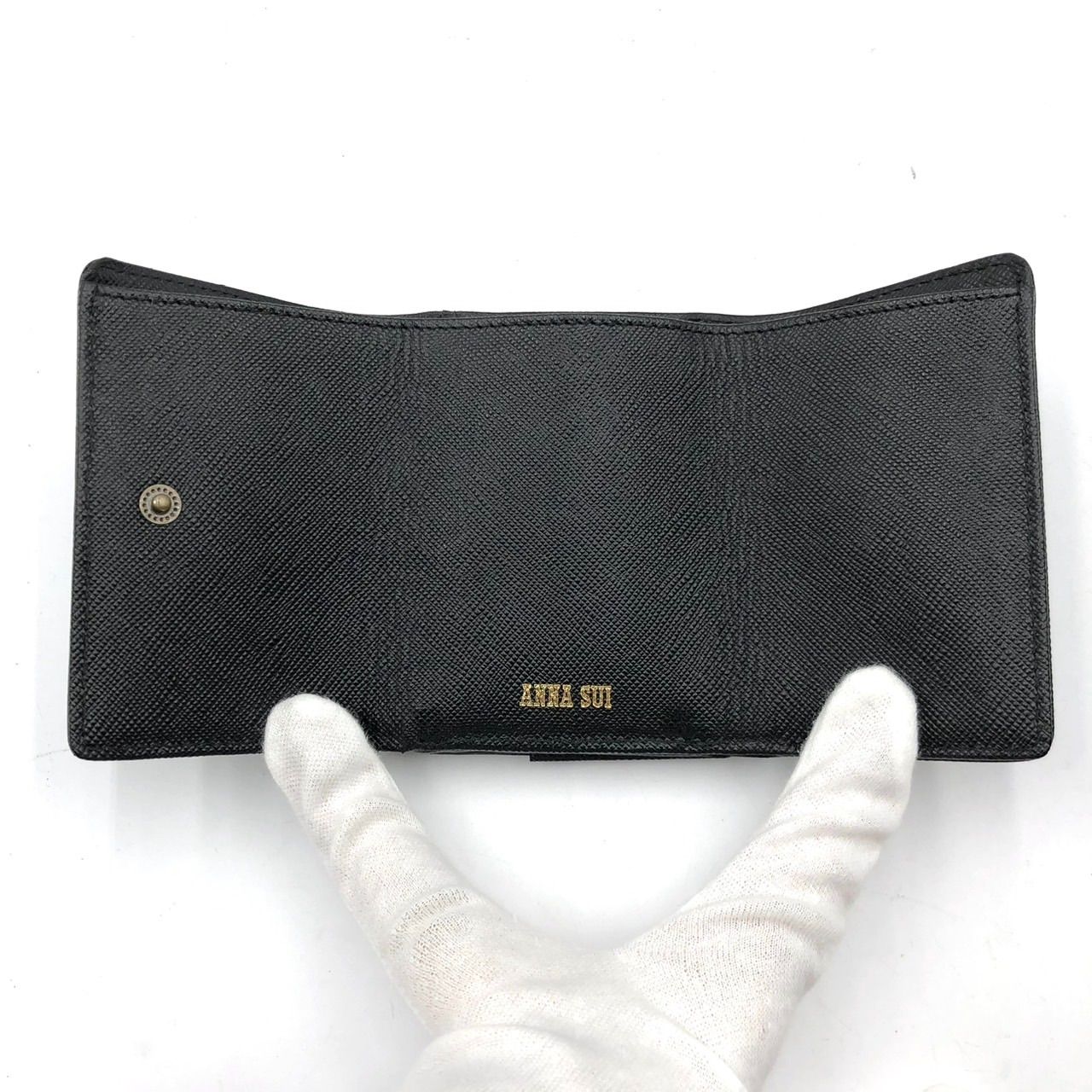 未使用級✨ アナスイ コンパクトウォレット エンボスロゴ レザー ○袋 ブラック ANNA SUI アナスイ 三つ折り財布 コンパクト ウォレット 黒 蝶 レザー