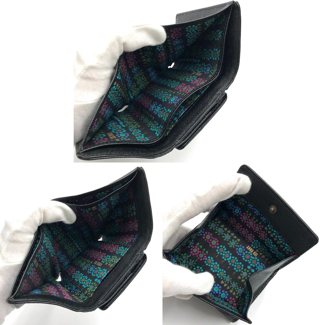 【良品】アナスイ:黒のレザー三つ折り財布 蝶の装飾付き ANNA SUI アナスイ 三つ折り財布 コンパクト ウォレット 黒 蝶 レザー