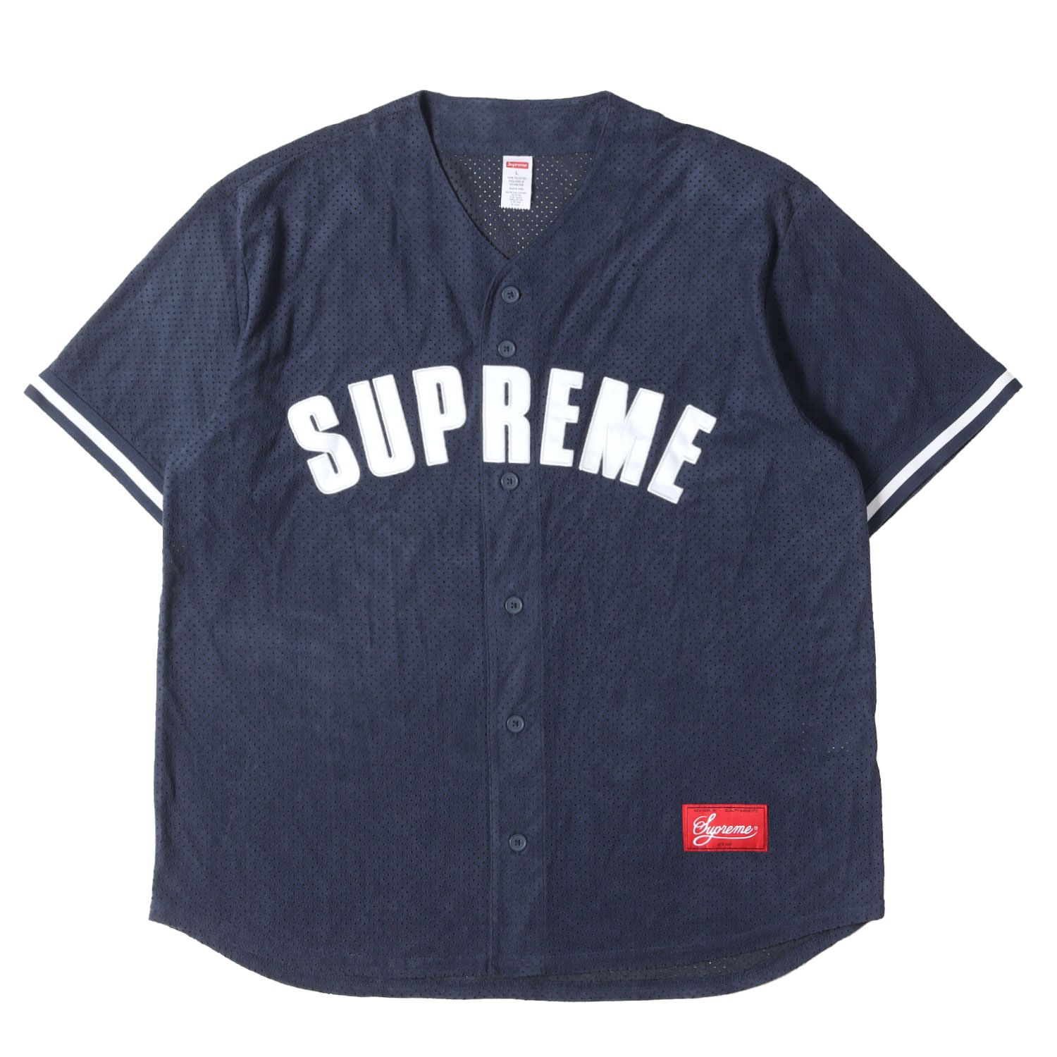 【美品】Supreme シュプリーム シャツ ネイビー 紺 サイズ:L 24SS ウルトラスウェード メッシュ ベースボールシャツ Ultrasuede Mesh Baseball Jersey トップス カジュアルシャツ 半袖【メンズ】【中古】