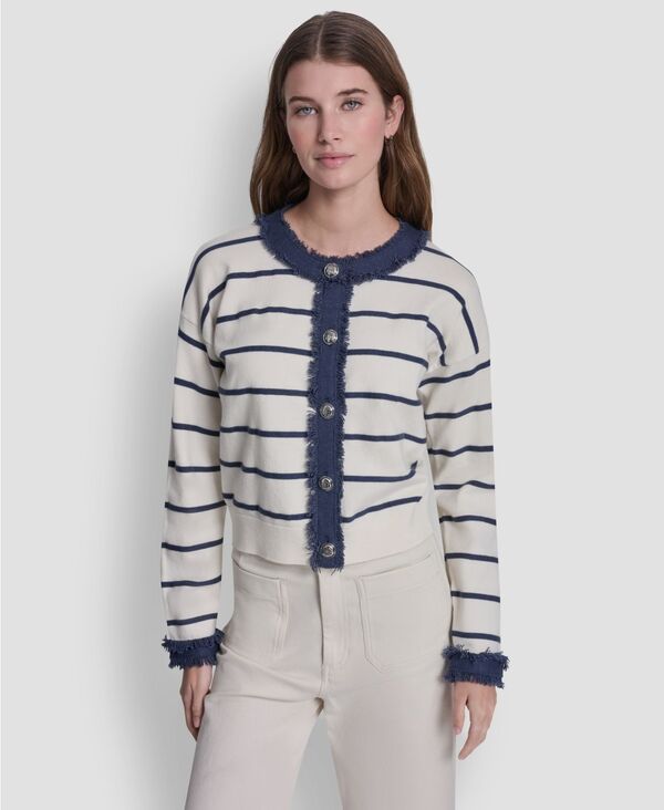 ダナキャランニューヨーク レディース アウター ニット・セーター クルーネック カーディガン DKNY Jeans Womens Crew Neck Striped Cardigan Eggnogin
