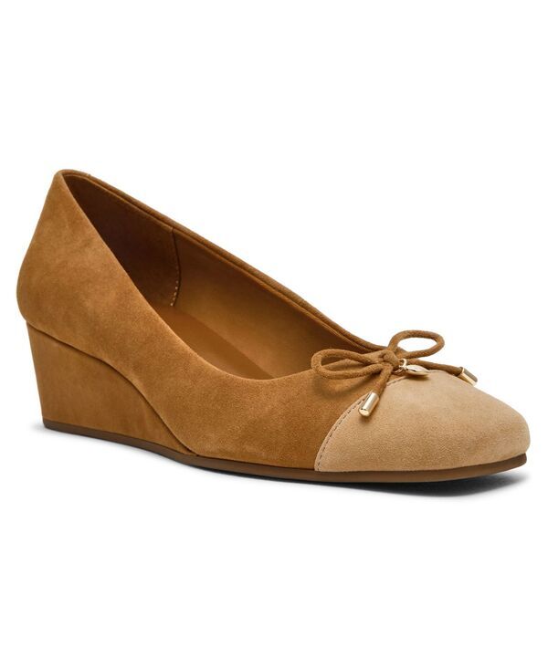 アンクライン レディース シューズ パンプス キャップ レザー Anne Klein Womens Waiter Leather Cap Toe Wedge Pumps CognacTan Suede